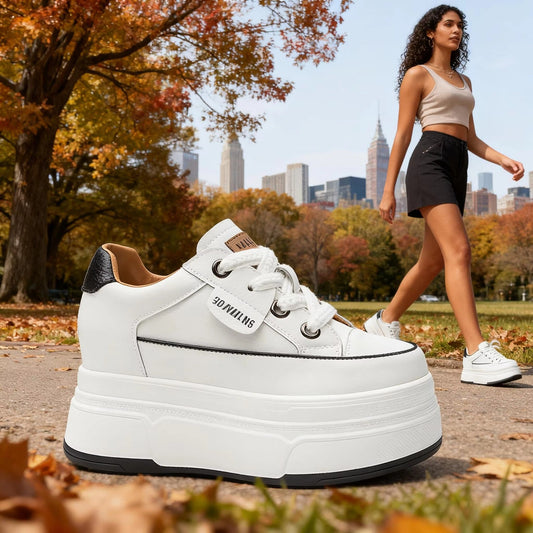 Women’s 9cm Platform Leather Sneakers | Chunky Height-Boost Casual Shoes