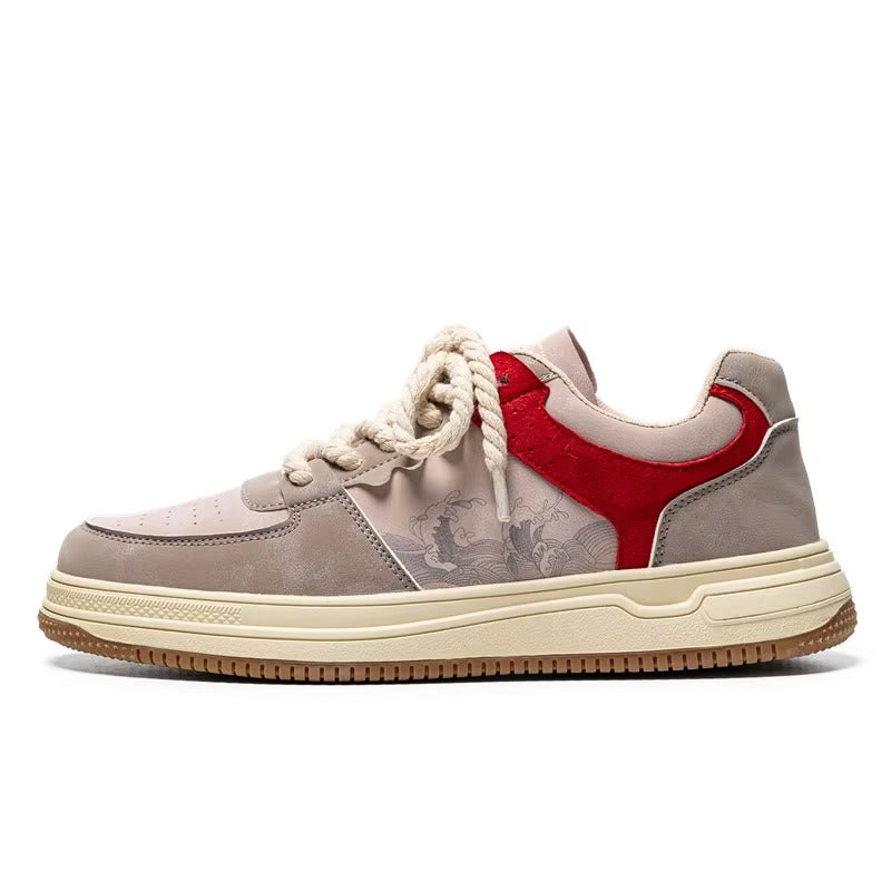 KAZURO™ Wave-Line Retro Court Sneakers | Vintage Leather Low-Top Streetwear Shoes
