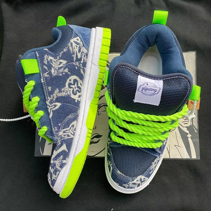 LuminoCraft™ NeonDenim Fusion Sneaker – Bold Patterned Street Platform Shoe