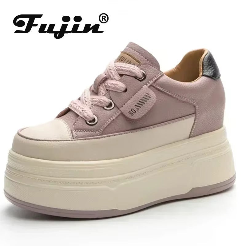 Women’s 9cm Platform Leather Sneakers | Chunky Height-Boost Casual Shoes